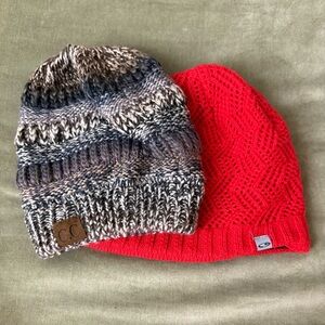 Red and Multicolor Knit Beanies one has hole for ponytail opening.